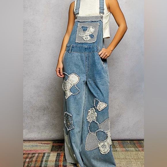 POL NWT Wide-Leg Alice Patchwork Overalls Size Large - Picture 3 of 8